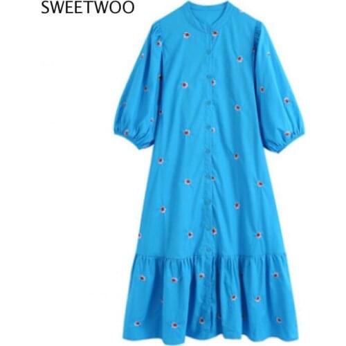 Ladies retro o-neck flower embroidered shirt dress Chic ladies hem pleated ruffled front mid-length dress