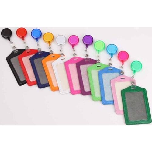 1 Piece PU Leather Vertical ID Card Holder With Retractable Badge Holder Clip Nurse Worker Students Name Card Holder Lanyard