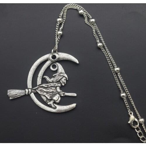 12pcs Crescent Moon Broom Witch Necklace Halloween Jewelry Gift For Mother Women