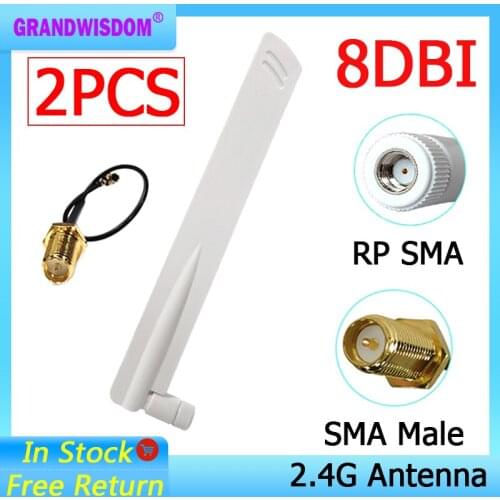 2pcs 2.4G WiFi Antenna 8dBi Aerial RP-SMA Male Connector 2.4 ghz antena wi-fi Router +21cm PCI U.FL IPX to SMA Pigtail Cable