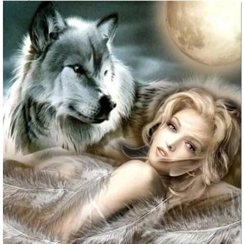 5D Diy Diamond Painting Wolf Full Square Round Drill Needlework Diamond Mosaic Girl Diamond Embroidery Wedding DecorationZP-2584