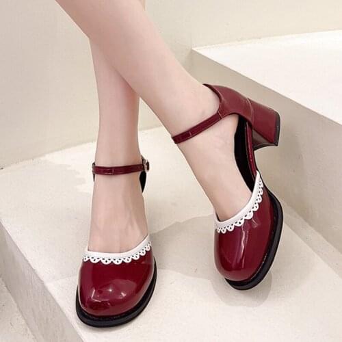 Cover Toe Women Sandals 2021 Summer Autumn Patent Leather Dress Shoes Ankle Strap Pumps Square Heeled Woman Shoes Black 9346G