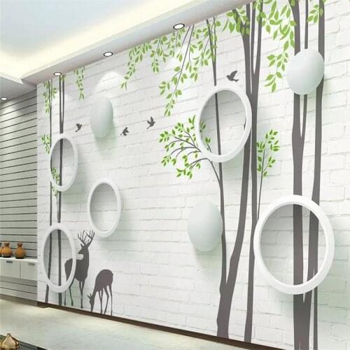 Decorative wallpaper 3d simple brick wall elk circle abstract tree bird background wall