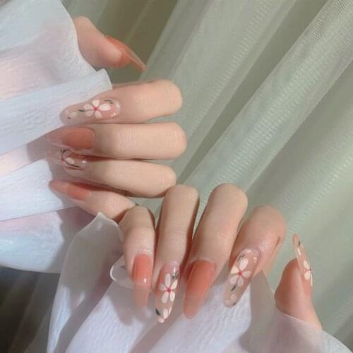 Elegant orange flower pattern false nails french 24pcs with glue lady full nail tips Bride cute fake nails middle-long size