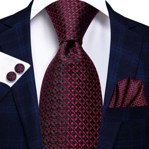 Hi-Tie Burgundy Black Plaid Silk Wedding Tie For Men Fashion Design Quality Hanky Cufflink Gift Men Necktie Business Dropship