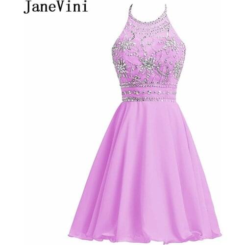 JaneVini 2018 Short Bridesmaid Dresses with Crystal Beaded A Line Halter Chiffon Backless Lilac Girls Homecoming Formal Gowns