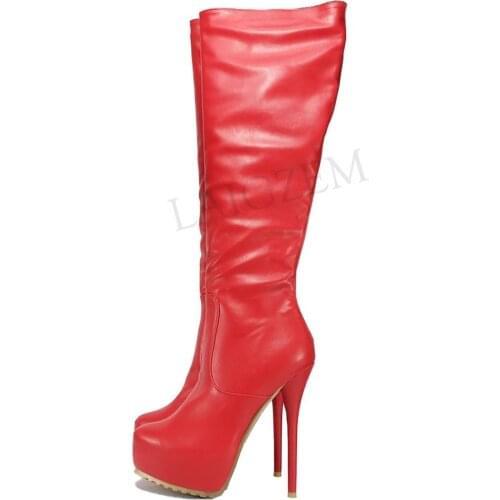 LAIGZEM SUPER Women Knee High Platform Boots Back Zipper Stiletto Heels Faux Leather Boots Shoes Botines Mujer Big Size 50 51 52