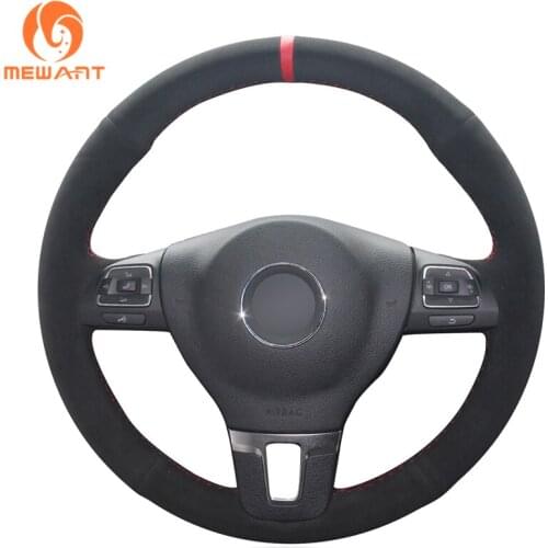 MEWANT Black Suede Genuine Leather Car Steering Wheel Cover for Volkswagen VW Tiguan Golf Plus Passat CC Jetta Sharan EOS Caddy