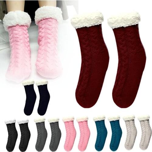 Autumn Winter Women´s Socks Pink Grey Blue Plush Liner Twist Knitted Stretchy Floor Socks breathable Warm Boots Christmas Gift