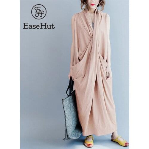 EaseHut Women Vintage Maxi Dress Oversized Deep V-Neck Sleeveless Cross Pockets Solid Dress Vintage Female Long Robe vestidos