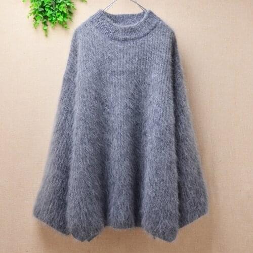 Casual fashion women female winter thick warm hairy minkcashmere knitted long flare sleeve pullover angora rabbit fur jumper top