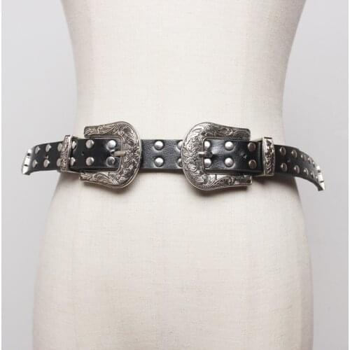 Double Curving Buckle pins Waist Belt Punk Vintage Rivet PU Leather Waist belt Women Casual Hip Hop Female Jean Belt Strap 2021
