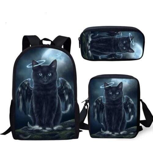 Gothic Black Cat School Bags 3Pcs/set For Girls Boys Casual 3D Women Backpack Orthopedic Rucksack Kids Travel Book Bag