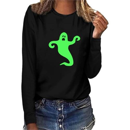 Horror Luminous Woman T-shirts Halloween Night Fluorescent Green Long Sleeve Ladies O-Neck Funny Graphic Print T shirt Tops N4
