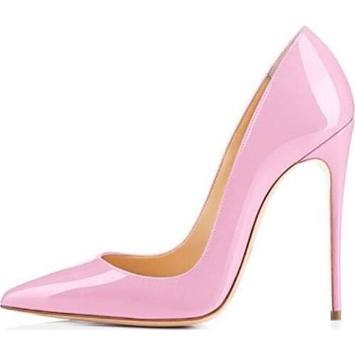 Pumps Women Patent Leather Slip On 12CM Thin High Heels Pointed Toe Office & Career Dress Party Wedding Shallow Women Shoes pink