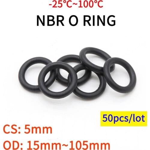 50pcs NBR O Ring Seal Gasket CS 5mm OD 15~105mm Nitrile Butadiene Rubber Spacer Oil Resistance Washer Round Shape Black