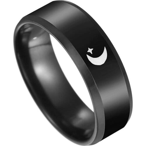 Vintage New Moon Star Pattern Finger Rings Jewelry For Men Black Stainless Steel Finishing Polish Ring Women Neck Band