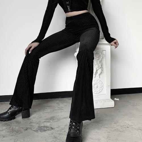 Gniherii Vintage Fashion Suede Ribbed Bell-bottomed Long Pants Black High Waist Slim Wide Leg Trousers Ladies Casual Pants