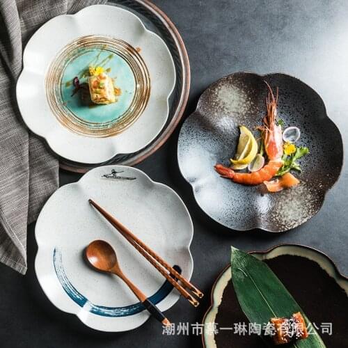 Japanese hand-painted pattern ceramic plate retro cuisine sushi plate dessert plate home restaurant tableware set