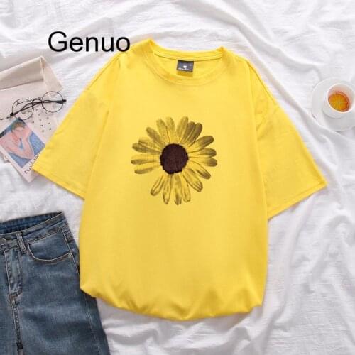 Daisy printed womens cotton large size loose short-sleeved t shirt unisex mid-length Tops soft summer T-shirt