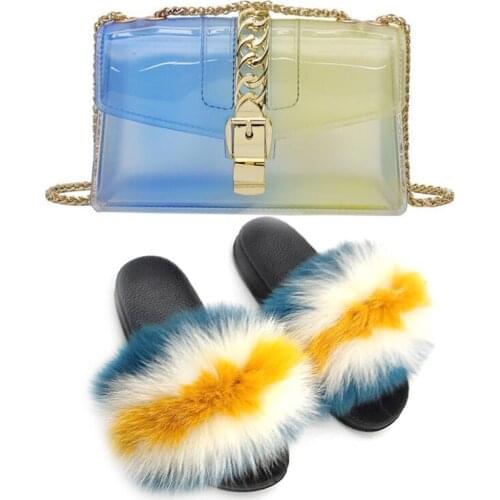 Womens Cute Fluffy Fox Fur Slippers Colorful Jelly Bags Female Fur Shoe Purse Set Summer Ladies Fashion Colorful Flat Sandals