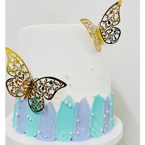 12Pcs/lot Butterfly Metal Texture Paper Birthday Cake Topper Gold 3D Hollow Baking Cake Topper for Weddind Party Cake Decoration