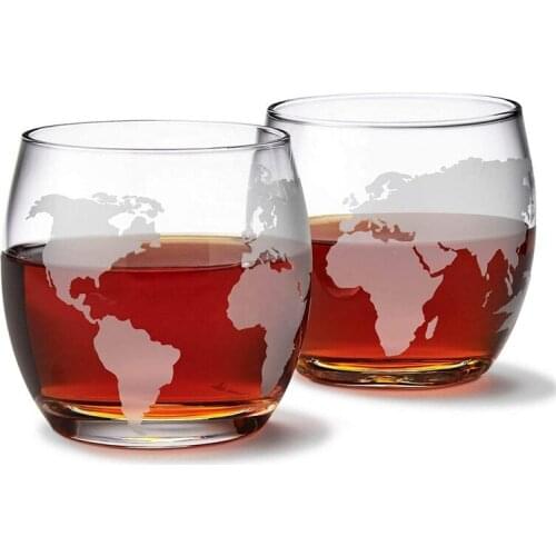 2pc Globe Whiskey Glass Cup Set Crystal Hand Made Map Etched Scotch Vodka Wine Glass Party Bar Drinkware Creativity Gift For Man