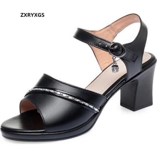 2021 New Fish Mouth Rhinestone Genuine Leather Sandals Thick Heels Large Size Solid Color Women Sandal Shoes Fashion Sandals