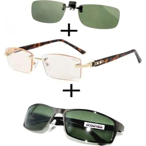 3Pcs!!! Titanium Gentleman Diamond Cut Reading Glasses Men Women + Alloy Polarized Sunglasses High Quality + Sunglasses Clip