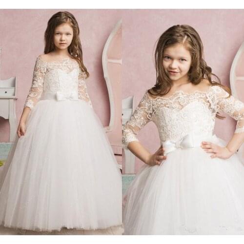 White/ Ivory Satin Flower Girl Dress 3/4 Sleeveless Backless First Communion Birthday Party Dresses Pageant Dresses