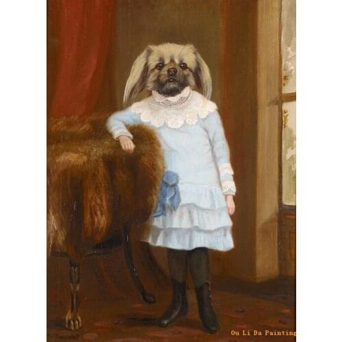 Free shipping animal cartoon dog girl blue skirt oil painting canvas painting prints on canvas kid room art decoration pictures