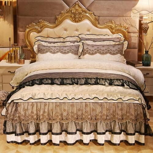Beige Lace Embroidered Home Textile Bedding Sets Solid Color 4pcs Warm Thick Velvet Duvet Cover Bed Skirt Bedspread Pillowcases