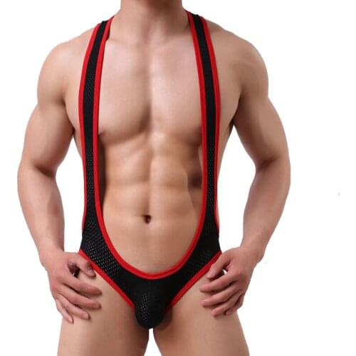 New Mens Sexy Boxers Mesh Bodywear Singlets Siamese Boxers Underwear Male Sling Bodysuits Leotard Hollow Gay Jumpsuit