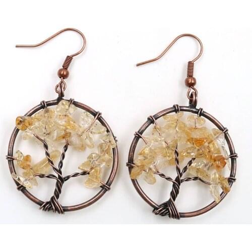 Citrines Crystal Copper Wire Wrap Tree of Life Drop Earrings Tiger Eye Stone Plant Jewelry