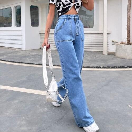 Retro Stylish Wild Casual Jeans Women Ladies High Waist Solid Color Straight Pants Trousers with Pockets for Daily Streetwear