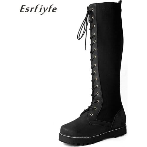 ESRFIYFE 2020 New Woman Front Lace Up Knee High Martin Boots Winter Warm Gladiator Long Booties Lady Thick Heels Platform Boots