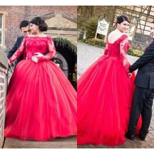 Custom Made Plus Size Wedding Gowns Lace Red Black Ball Gown Long Sleeve Gothic Wedding dresses Bridal Gowns Vestido de Noiva