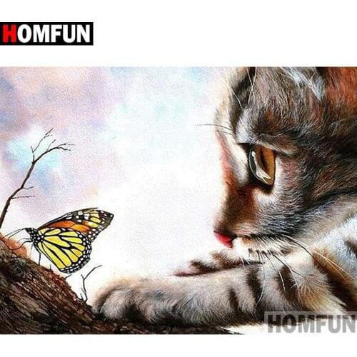 HOMFUN Rhinestone Painting Crystal Decor Diy Diamond Painting "Cat butterfly" 3D Cross Stitch Pattern Diamond Embroidery A10015