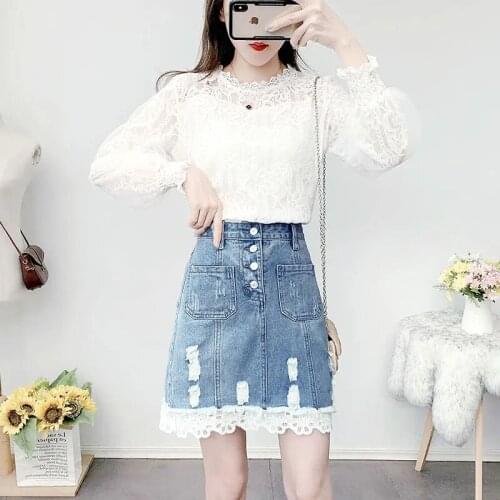 Spring Chiffon Shirt Tops +High Waist A Word Denim Skirt Two piece Set Women Fashion Long Sleeve Female Two piece Set Suit