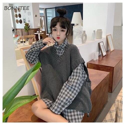 Sets Women Loose Fashion Plaid Long Sleeve Shirts V-Neck Solid Knitted Sweater Vest 2 Piece Casual All-match Daily College Ins