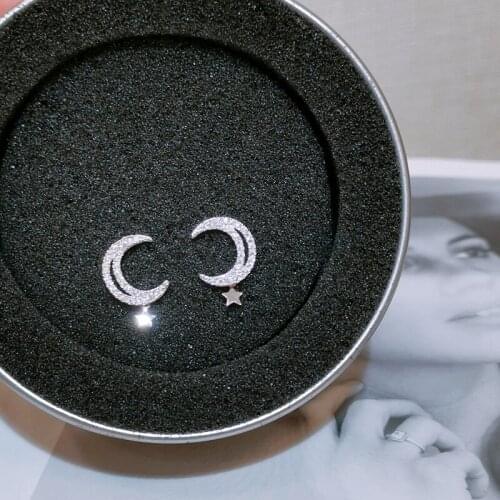 Cute Moon Star Korean Stud Earrings Silver Color Zircon Stone Sutd Earrings For Women Girls Trendy Fashion Female Studs Jewelry
