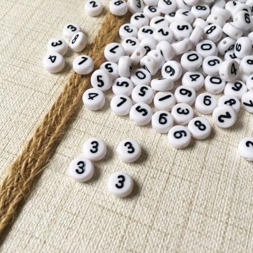 Mini Order 500pcs 4*7MM Single Number 3 Printing Acrylic Spacer Beads White with BLack Character Coin Round Jewelry Letter Beads