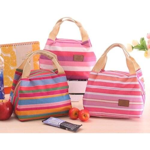 Fashion Lunch Bag Thickened Thermal Insulation Stripe Printing Portable Lunch Box Bag Large Capacity Outdoor Picnic Bento Bag