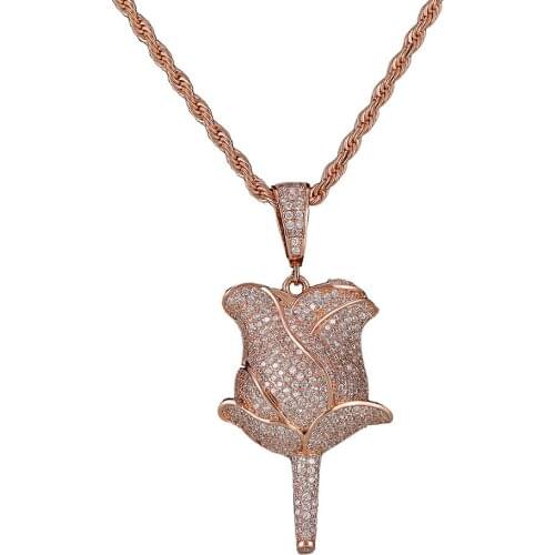 Moveon Hip Hop Copper Full Zircon Rose Pendant Necklace Rhinestone Charm Necklaces Long Chain Jewelry For Women Gifts AAA