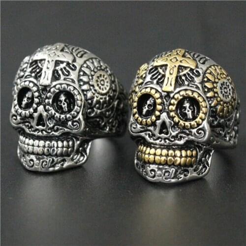 Drop Shipping Size 7-14 Moive Style Lord Jesus Cross Skull Ring 316L Stainless Steel Jewelry Men Women Biker Golden Skull Ring
