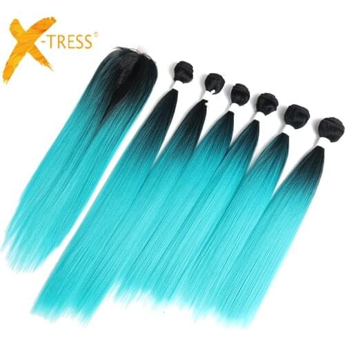 Mint Green Ombre Color Synthetic Hair Bundles With Lace Closure 14-18inch 6 Bundle X-TRESS Yaki Straight Hair Weaving Extensions