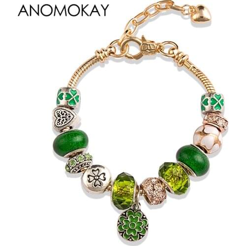 2019 New Green Leaf Flower Heart Charms Bracelet Bangle Gold Color Men Women Bead Bracelet Original Design Diy Jewelry