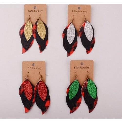 New Arrival Exaggerated Layered Splice Leaf Shaped Drop Earrings Feather Earrings Glitter Triple Plaid Fringe Leather Earrings