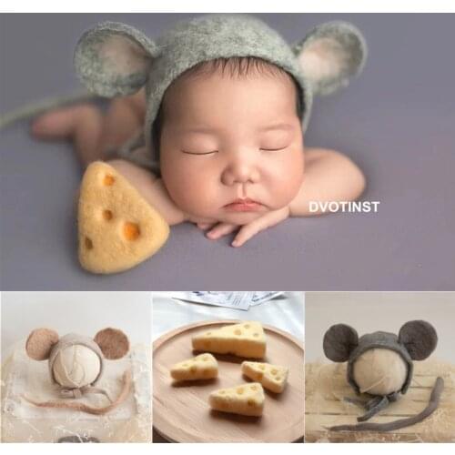 Dvotinst Newborn Photography Props for Baby Cute Handmade Wool Mouse Hat Cheese Fotografia Accessories Studio Shoots Photo Props
