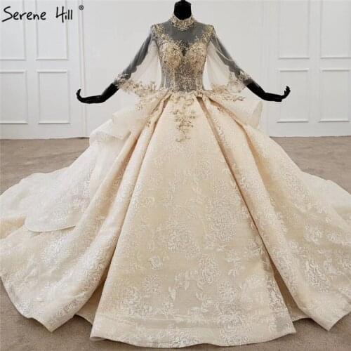 Champagne Flare Sleeve Luxury Wedding Dresses 2021 High Neck Sequins Beading Sexy Bridal Gowns HX0087 Custom Made